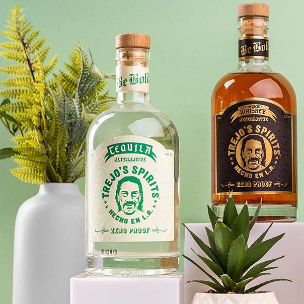 Two bottles of Tejo's Spirits mezcaline are displayed on white pedestals against a light green background, styled with a white vase of ferns on the left and a small succulent on the right.