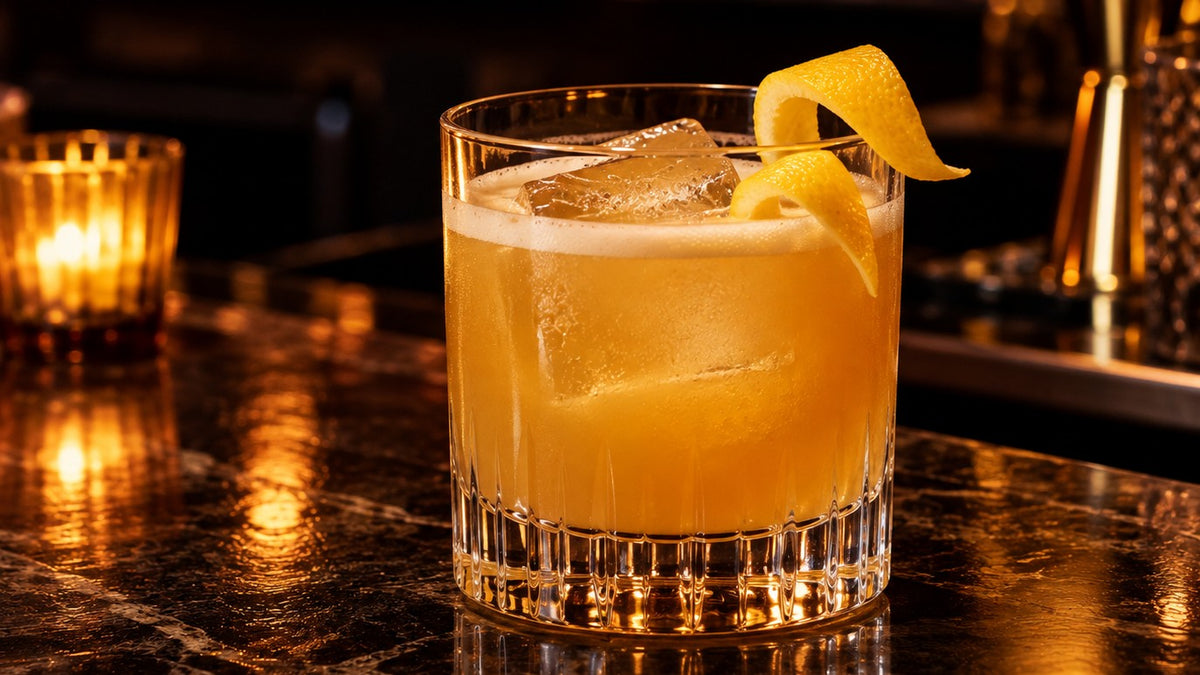 Gold Rush cocktail with lemon twist