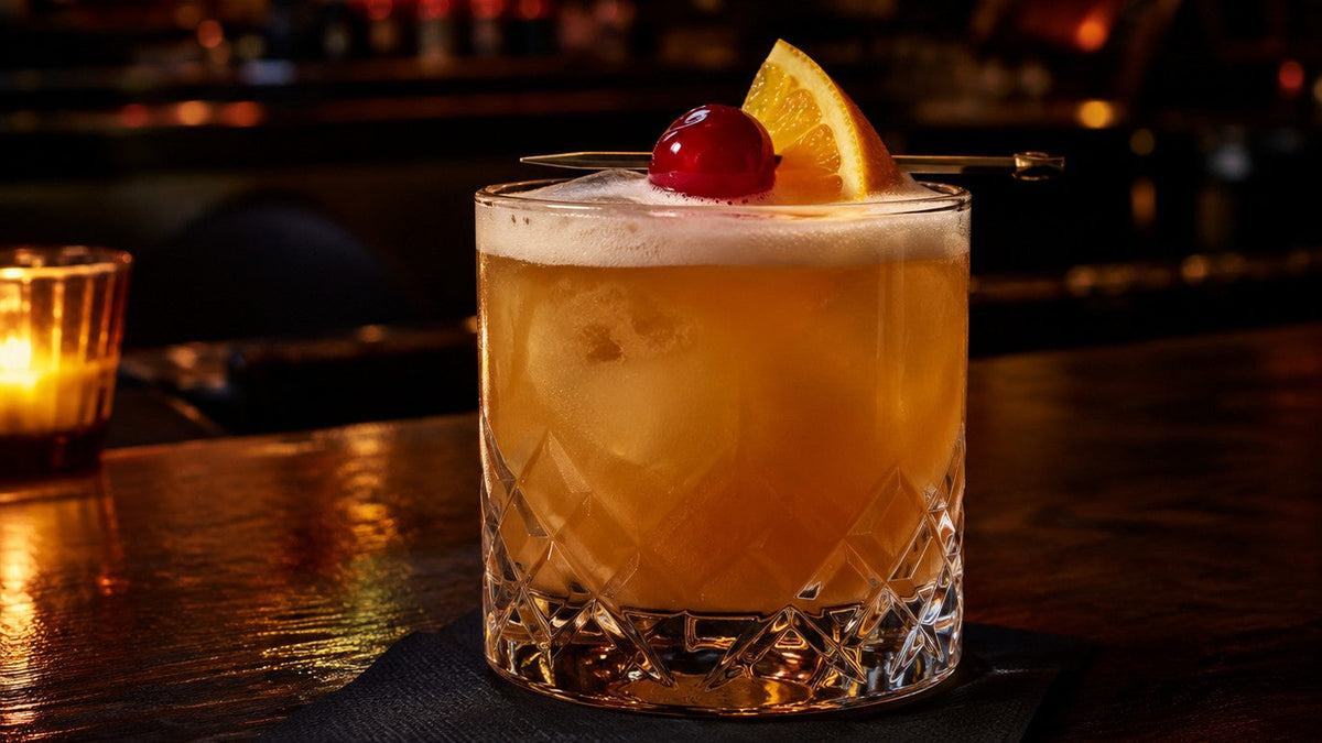 Whiskey Sour with an orange slice and cherry, made with Trejo's Spirits American Whiskey Alternative