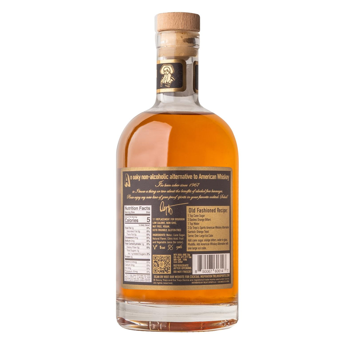 Back label of the American Whiskey Alternative bottle with ingredients and nutrition facts