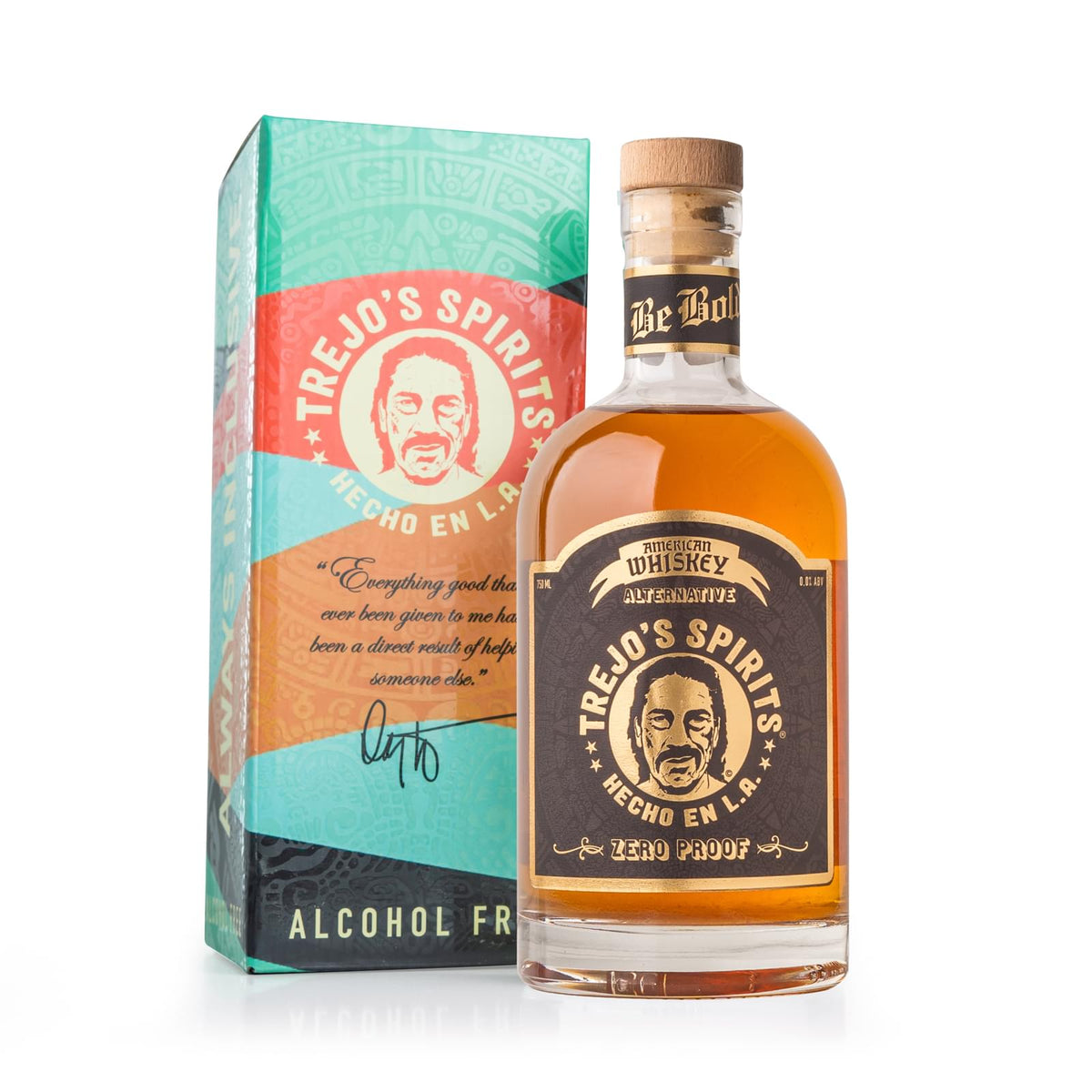 Trejo's Spirits American Whiskey Alternative bottle next to its gift box
