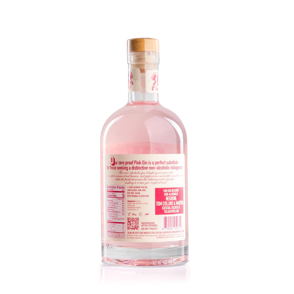 Back label of the Gin Alternative bottle with ingredients and nutrition facts