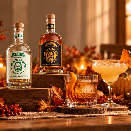 Trejo's Spirits Tequila and American Whiskey Alternatives with a margarita and an Old Fashioned on a fall table