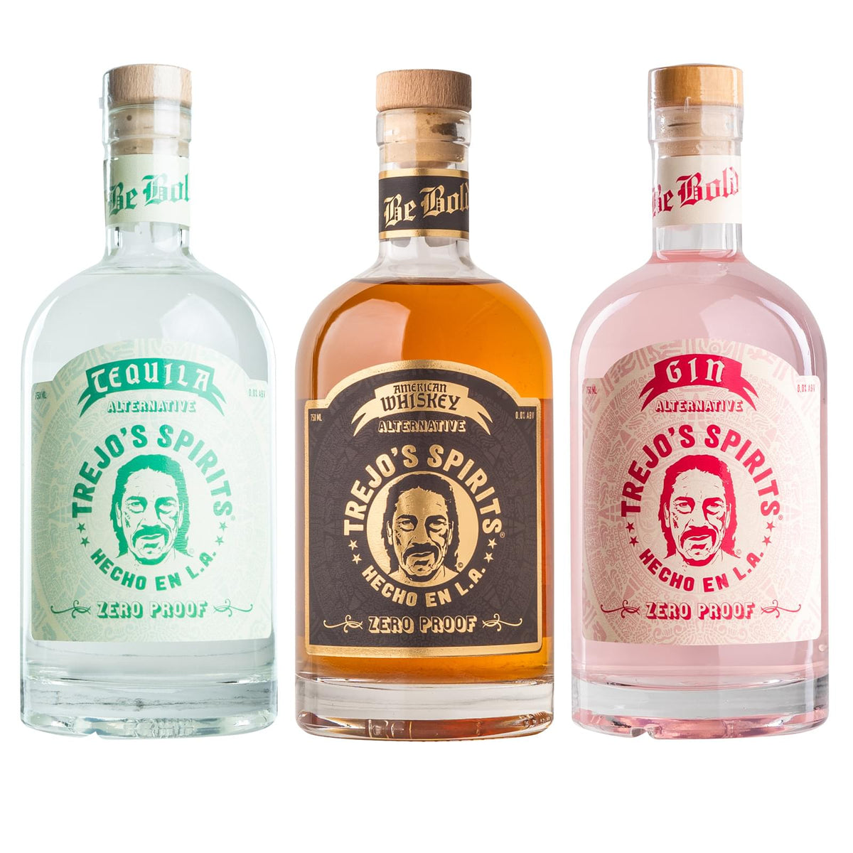 Tequila, American Whiskey and Gin Alternative bottles side by side