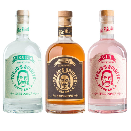 Tequila, American Whiskey and Gin Alternative bottles side by side
