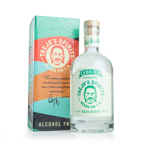 Trejo's Spirits Tequila Alternative bottle next to its gift box